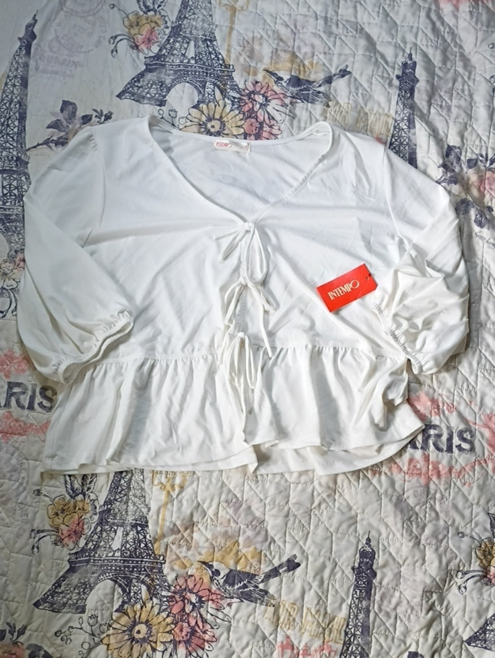NWT INTIMO White Tie-Front Peplum Blouse
